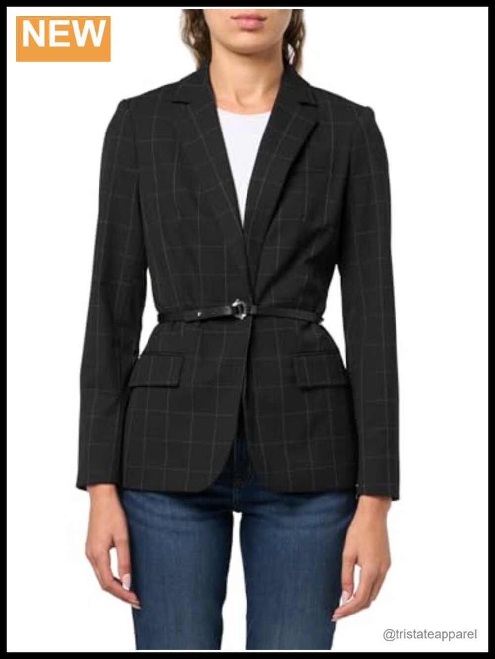 Women's Blazer with Belt & Pockets, Long Sleeve, Notch Collar, Polyester Blend